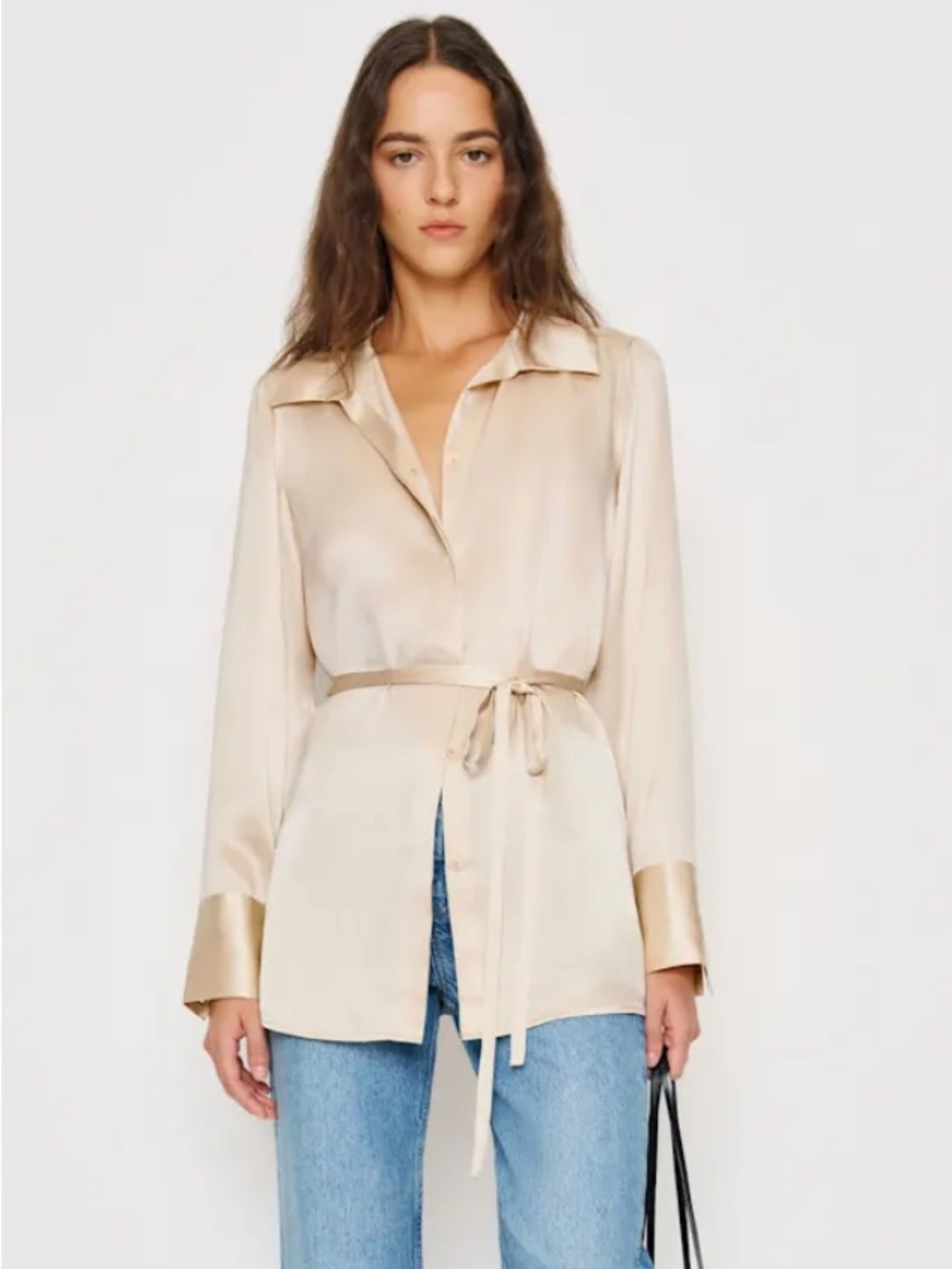 Reformation Camilla Almond 100% Silk Button-Down Tie-Waist Blouse